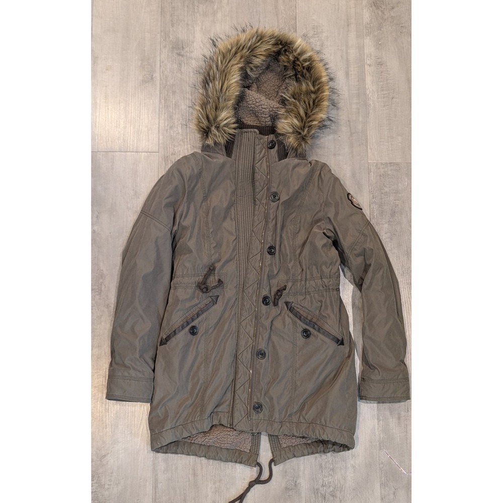 Abercrombie Fitch Womens Medium Parka Coat Faux Fur Hood Utility Jacket FLAWED